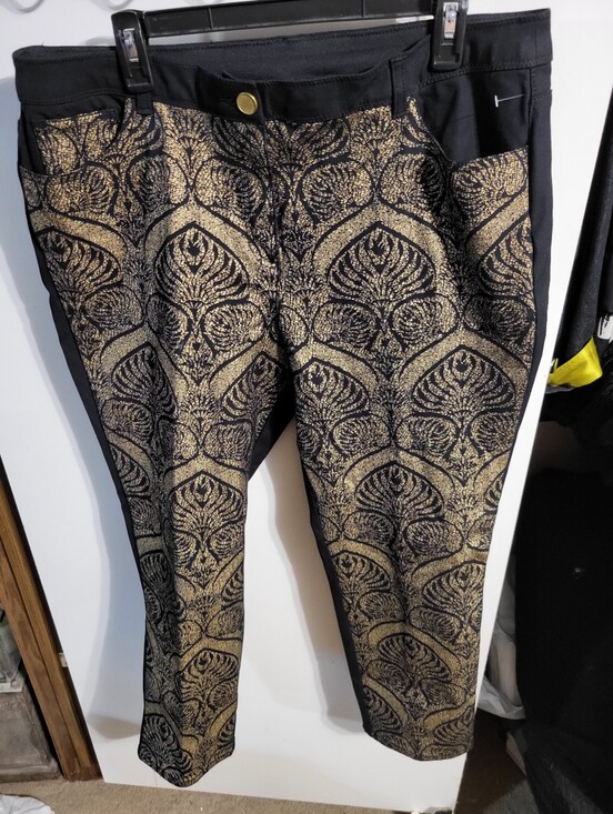 Chico's Pants - Chico's Gold Metallic Denim Black Floral Print SZ 2.5 Women